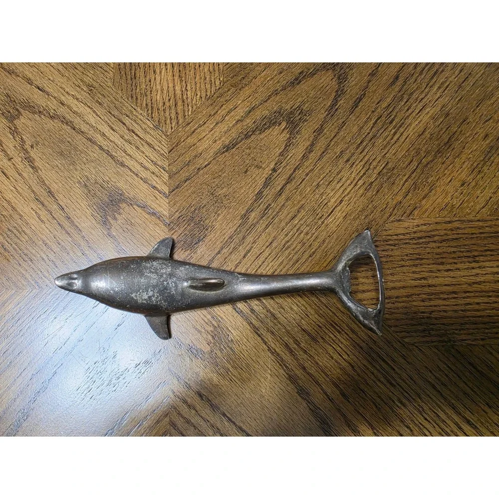 Vintage Silver Tone Dolphin Bottle Opener Nautical Barware Paperweight 7.5 Inch